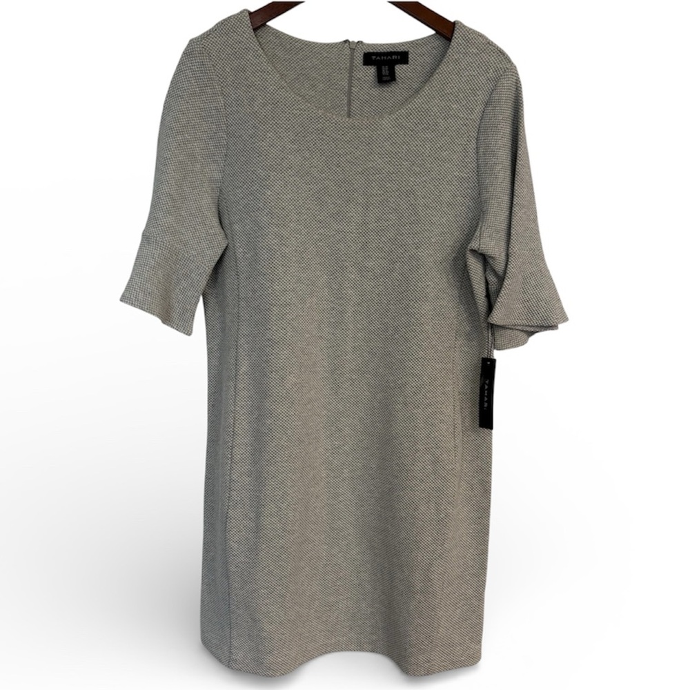 🔴 Tahari Textured Knit Bell Sleeve Shift Dress Greige Gray 12